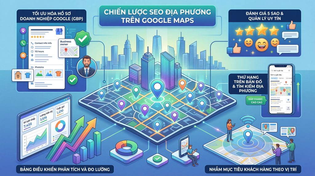 Ảnh minh họa chiến lược Local SEO giúp doanh nghiệp tối ưu Google Business Profile, tăng hiển thị trên Google Maps và tiếp cận khách hàng địa phương.