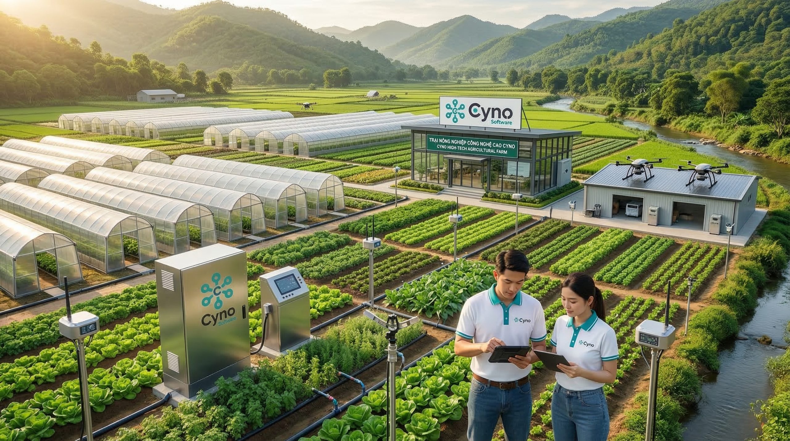 Mô hình nông nghiệp công nghệ cao ứng dụng hệ thống tưới tự động và quản lý vận hành hiện đại.