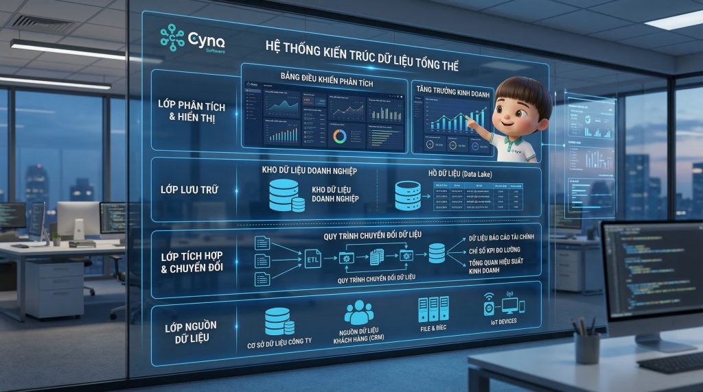 Hình ảnh minh họa quá trình phân tầng dữ liệu trong doanh nghiệp, gồm dữ liệu lõi, dữ liệu tác nghiệp, dữ liệu tri thức và dữ liệu phân tích.