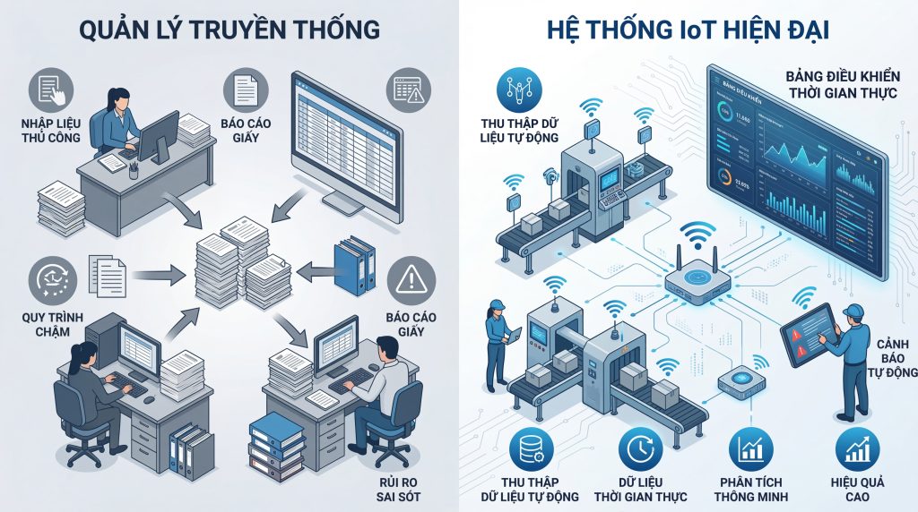 Ảnh minh họa sự khác biệt giữa phần mềm quản lý truyền thống và hệ thống IoT với dữ liệu tự động, thời gian thực và khả năng cảnh báo.