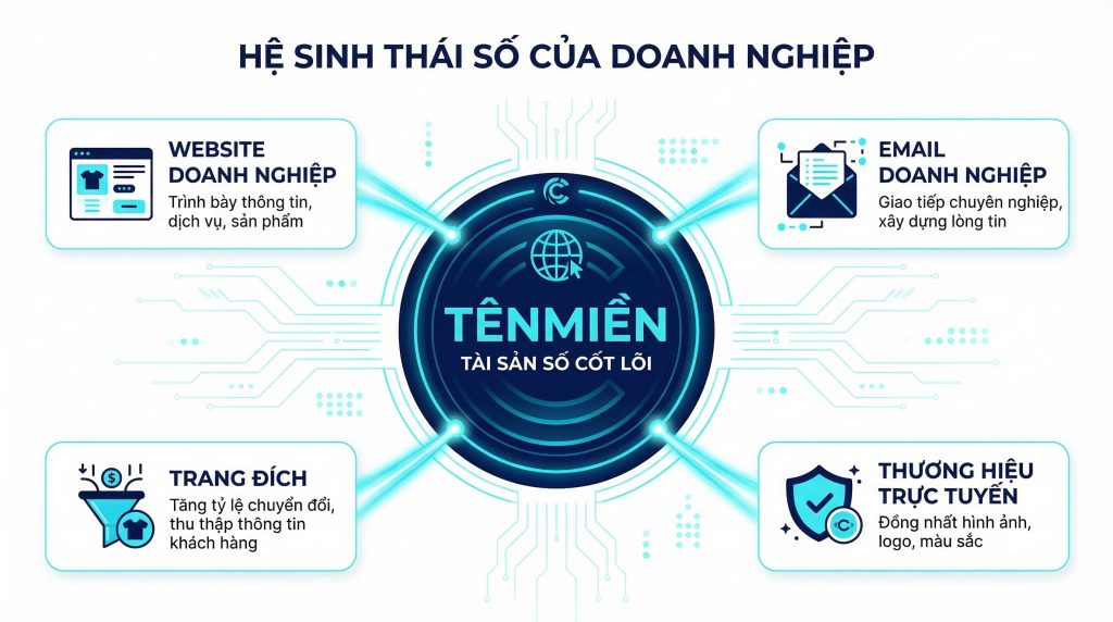 Tên miền là nền tảng kết nối website, email doanh nghiệp và hệ thống nhận diện số trên Internet.