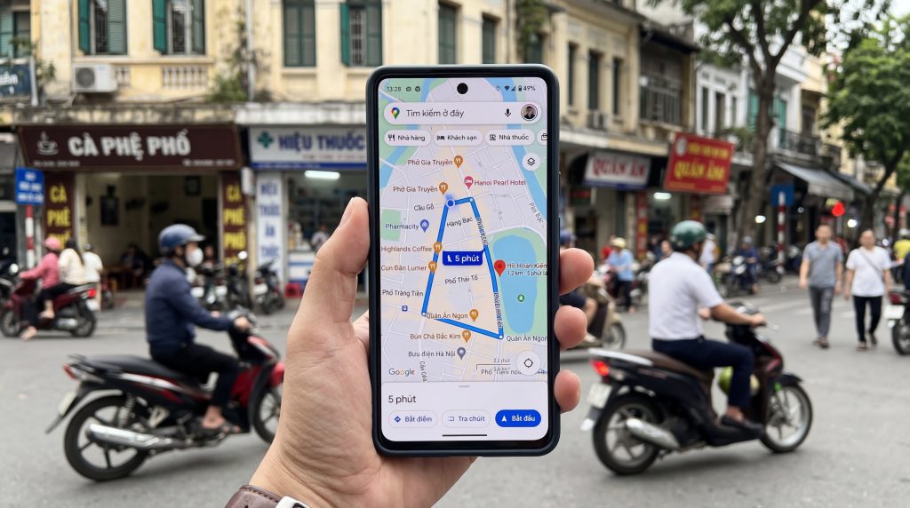 Ảnh minh họa người dùng tìm kiếm quán ăn, khách sạn và nhận chỉ đường chi tiết trên Google Maps bằng điện thoại thông minh.