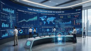 Hình ảnh mô phỏng doanh nghiệp đang ứng dụng mô hình ngôn ngữ lớn vào vận hành, với hệ thống dữ liệu và dashboard AI hiện đại.